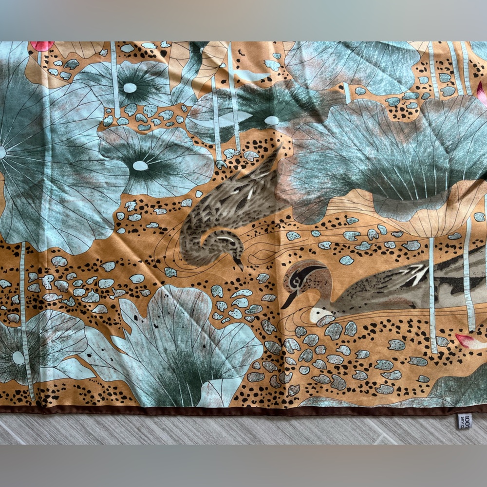 100% Silk Scarf Asian Lotus Duck Design 33x34.5” - Picture 3 of 10